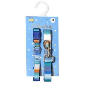 Buttons & Bones Celebrations Blue Strip Multi Color Dog Collar & Leash Set, M